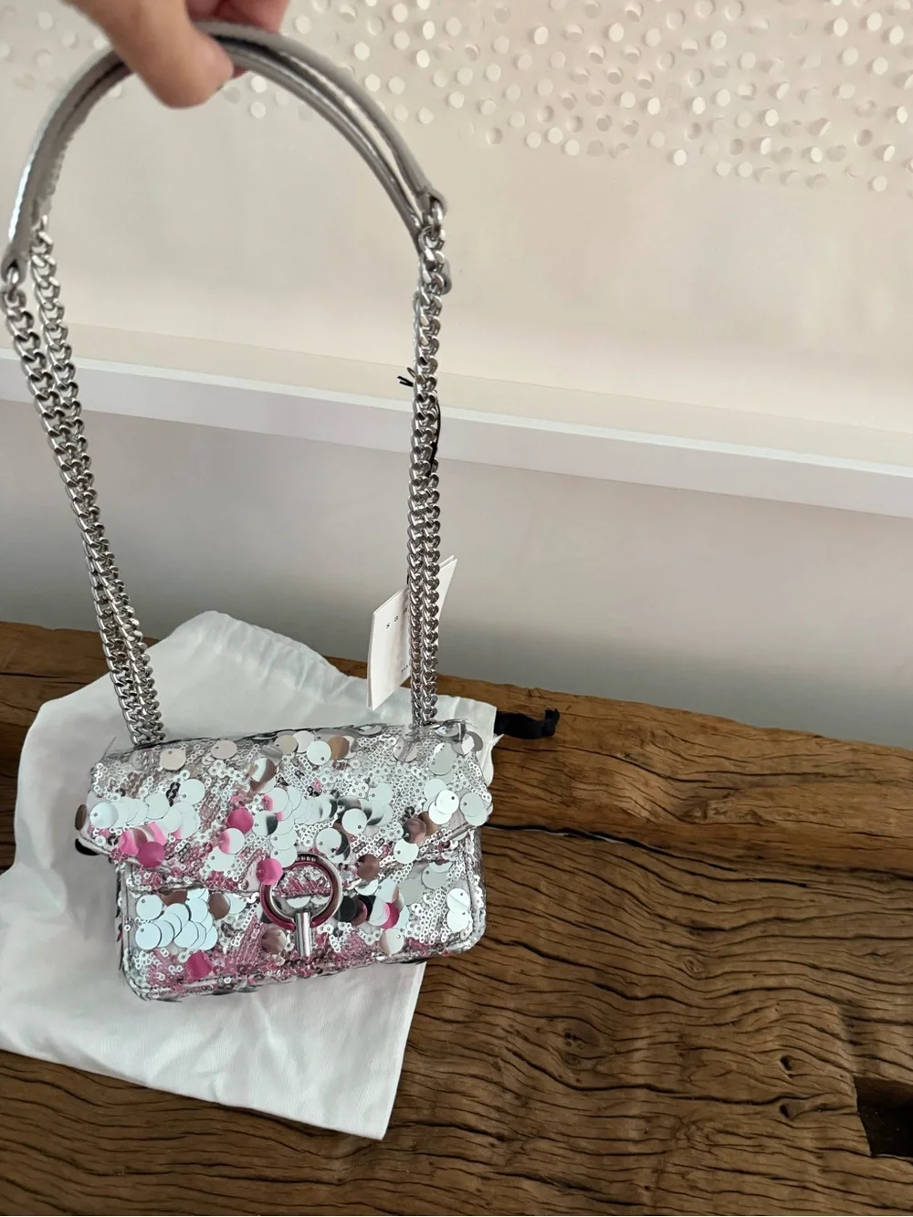 SANDRO Silver Sequin Chain Shoulderw Bag - Elegant Evening Crossbody